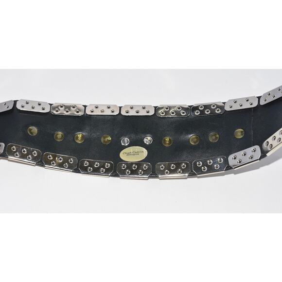 80s Chad Calvin Silver tone Studded Filigree & Black Rhinestone Leather Belt main image 6